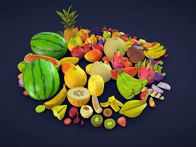 Colorful Variety of Fresh Fruits With Watermelon Pineapple Banana Mango And Berries 3d model