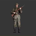 Military Soldier in Camouflage Uniform Holding Rifle Standing on Gray Background