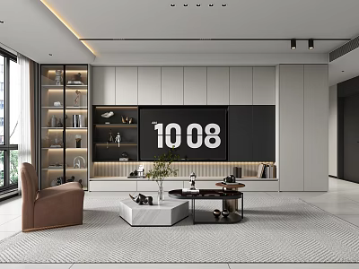 Modern Living Room Interior With TV Wall Open Shelves Brown Armchair And Coffee Tables 3d model