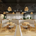 Modern Open Café With Green Plants Wooden Furniture Gray Sofas Round Tables And Pendant Lights
