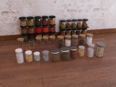 Various Spice Jars With Different Lids Containing Spices On Wooden Floor And Textured Wall 3d model