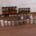 Various Spice Jars With Different Lids Containing Spices On Wooden Floor And Textured Wall