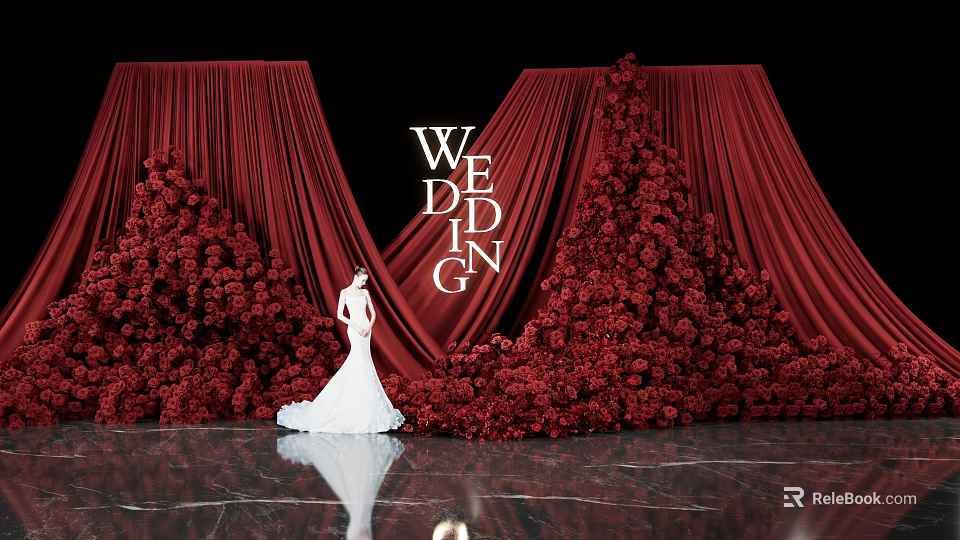 Romantic Wedding Photo Check in Spot With Red Curtains Flower Walls And Bride 3d model 