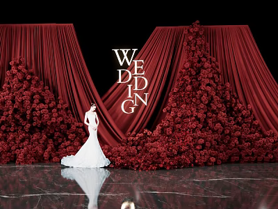 Romantic Wedding Photo Check in Spot With Red Curtains Flower Walls And Bride 3d model