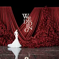 Romantic Wedding Photo Check in Spot With Red Curtains Flower Walls And Bride