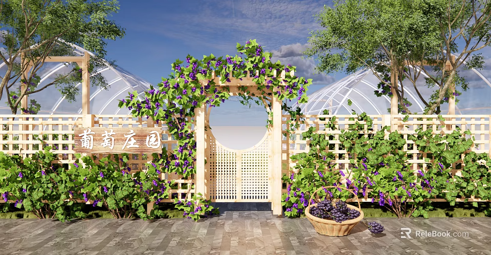 Rural Vineyard Landscape With Grapevine Arch White Lattice Fence And Basket Of Grapes 3d model 