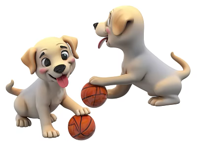 Two Cute Yellow Puppies Playing Basketball One Sitting One Squatting 3d model