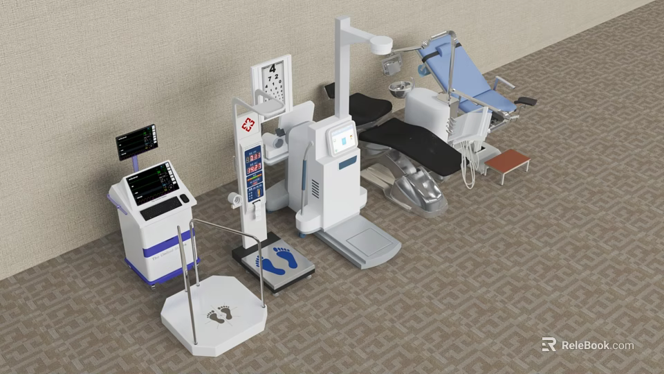 Comprehensive Medical Equipment With Examination Tables Monitoring Devices And Surgical Instruments 3d model 