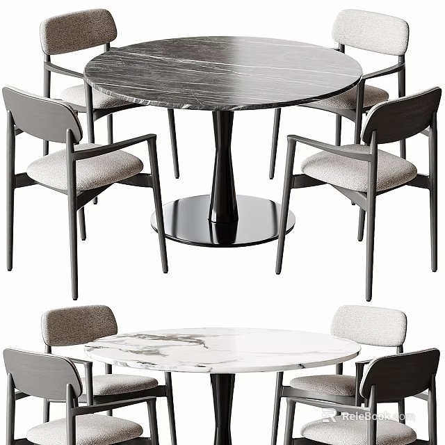Modern Round Dining Table Set With Four Upholstered Chairs And Marble Top 3d model