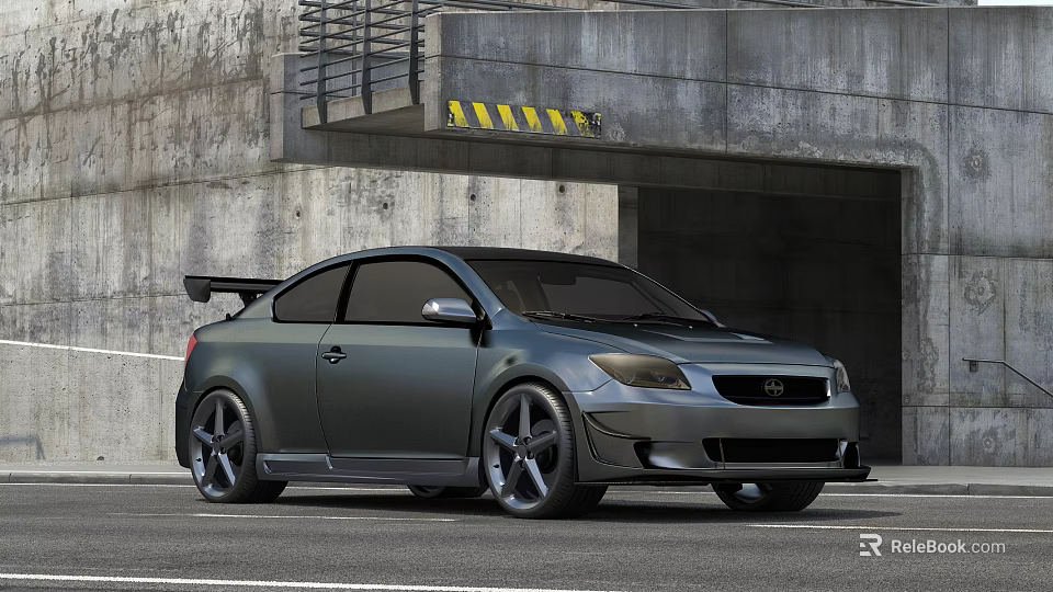 Gray Modified Car With Rear Spoiler And Large Alloy Wheels Parked At Concrete Garage Entrance 3d model 