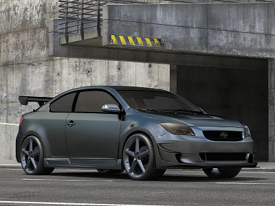 Gray Modified Car With Rear Spoiler And Large Alloy Wheels Parked At Concrete Garage Entrance 3d model