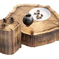 Rustic Wooden Side Tables with Tree Stump Texture Ceramic Jar Pinecones and Nut Plate 3d model