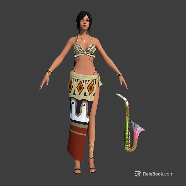 Female Character In Ethnic Costume With Owl Pattern And Decorative Saxophone 3d model 