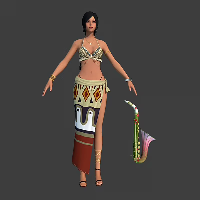 Female Character In Ethnic Costume With Owl Pattern And Decorative Saxophone 3d model