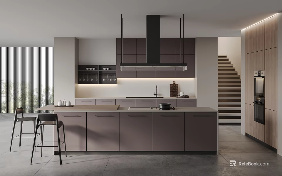 Sleek Modern Minimalist Kitchen With Matte Dark Cabinets And Spacious Functional Central Island Design 3d model 