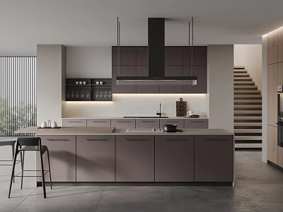 Sleek Modern Minimalist Kitchen With Matte Dark Cabinets And Spacious Functional Central Island Design 3d model