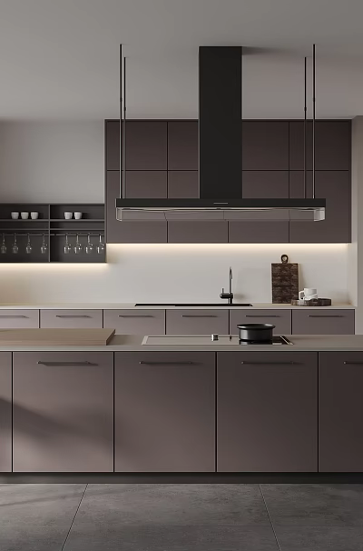 Sleek Modern Minimalist Kitchen With Matte Dark Cabinets And Spacious Functional Central Island Design 3d model