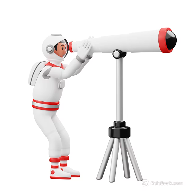 Game Movie Character In White Astronaut Suit With Red Stripes Using Tripod Telescope For Observation 3d model 