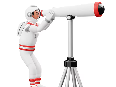 Game Movie Character In White Astronaut Suit With Red Stripes Using Tripod Telescope For Observation 3d model