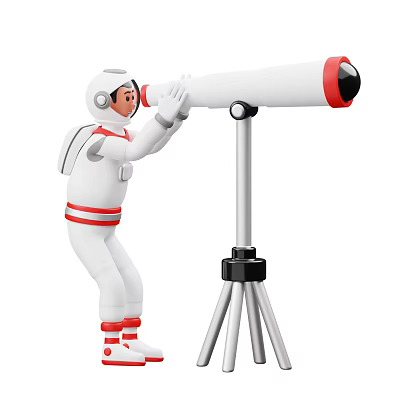 Game Movie Character In White Astronaut Suit With Red Stripes Using Tripod Telescope For Observation 3d model