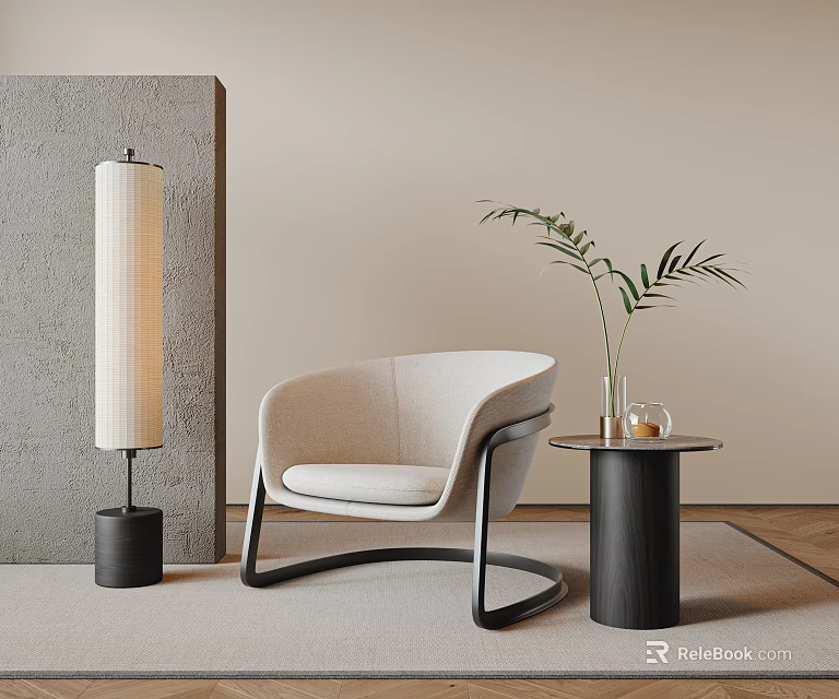 Modern Minimalist Accent Chair In Living Room With Floor Lamp Side Table And Potted Plant 3d model 