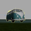 Light Green Vintage Bus With Roof Rack Parked On Green Grass Under Blue Sky