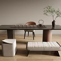 Modern Tea Table Set With Matching Chairs Stools And Tea Accessories On Wooden Floor