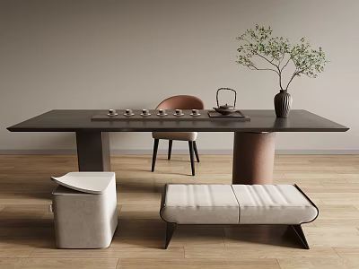 Modern Tea Table Set With Matching Chairs Stools And Tea Accessories On Wooden Floor 3d model
