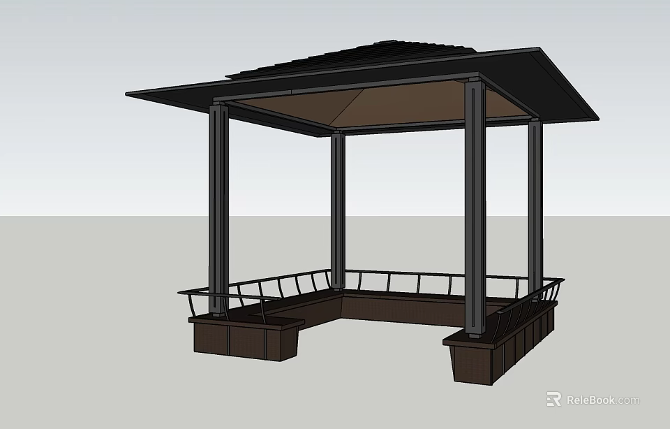 Modern Landscape Pavilion With Black Roof Metal Columns And Wooden Benches 3d model 