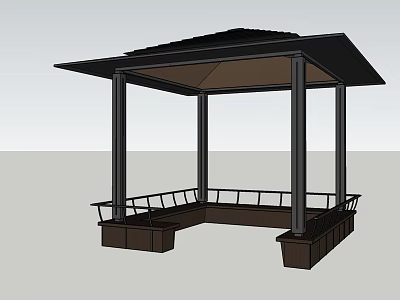 Modern Landscape Pavilion With Black Roof Metal Columns And Wooden Benches 3d model