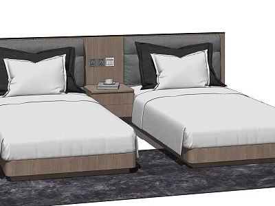 Modern Single Beds With Grey Wooden Headboard White Bed Linens Black Cushions And Nightstand 3d model