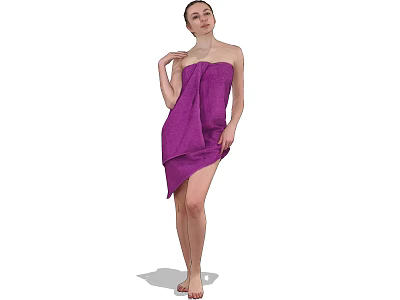 Woman Wrapped in Purple Towel Standing Barefoot on White Background 3d model