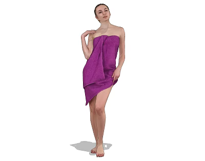 Woman Wrapped in Purple Towel Standing Barefoot on White Background 3d model