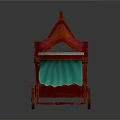 Decorative Wooden Cart With Red Fabric Curved Handle Green Cloth Drawer And Wheels