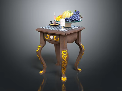 Fresh Assorted Fruits On Decorative Wooden Table With Wine Glass And Candle 3d model