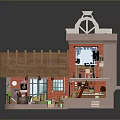 Miniature House Landscape with Red Walls Brown Roof Staircase and Detailed Interior