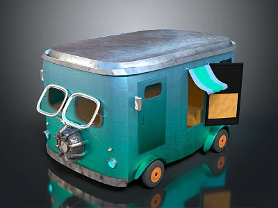Green Food Truck With Silver Roof Open Door Green Awning Orange Wheels Large Front Windows 3d model