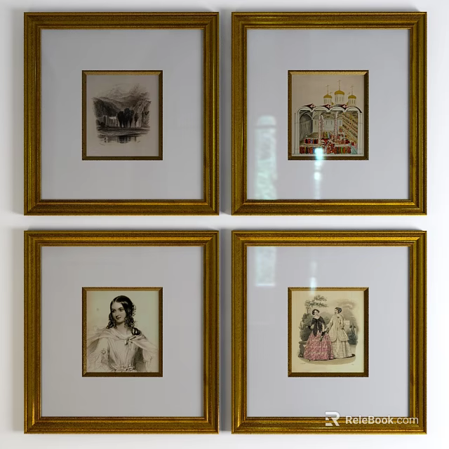 Classical Portrait Paintings With Golden Frames Hanging On White Wall 3d model 