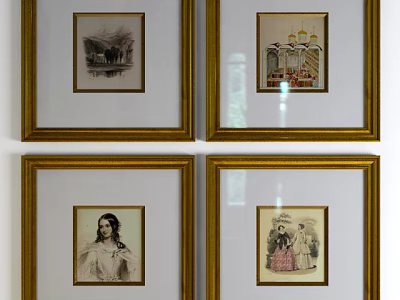 Classical Portrait Paintings With Golden Frames Hanging On White Wall 3d model