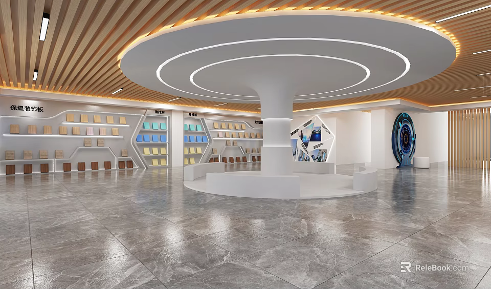 Modern Interior Space With Circular White Pillar Wooden Ceiling And Bookshelves 3d model 