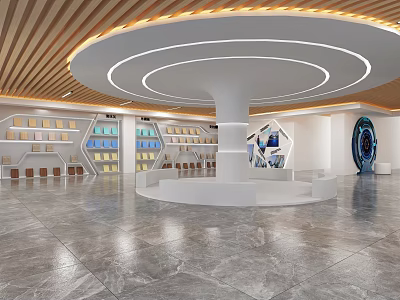 Modern Interior Space With Circular White Pillar Wooden Ceiling And Bookshelves 3d model