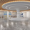Modern Interior Space With Circular White Pillar Wooden Ceiling And Bookshelves