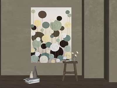 Abstract Wall Painting With Circular Patterns Brown Green Yellow Near Wooden Stool Books And Vases 3d model