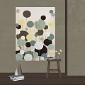 Abstract Wall Painting With Circular Patterns Brown Green Yellow Near Wooden Stool Books And Vases