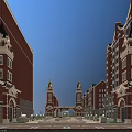 Scenic European Style Commercial Street Featuring Red Brick Buildings Towers And Cars On Road