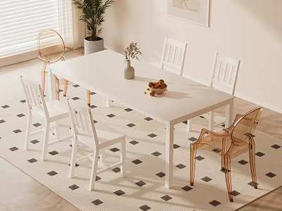 White Dining Table Set With Transparent Acrylic And White Chairs On Black White Diamond Rug 3d model