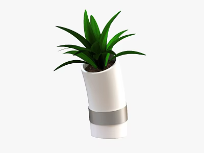 Green Leafy Plant in White Ceramic Pot With Silver Decorative Band 3d model