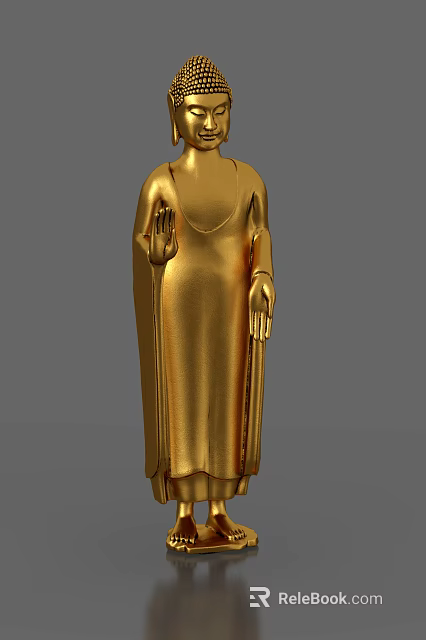 Hand Carved Golden Buddha Sculpture With Robe And Raised Hand Details 3d model 