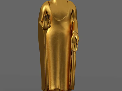 Hand Carved Golden Buddha Sculpture With Robe And Raised Hand Details 3d model