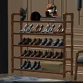 Wooden Multi Tiered Shoe Rack With Various Shoes Potted Plant And Decorative Items